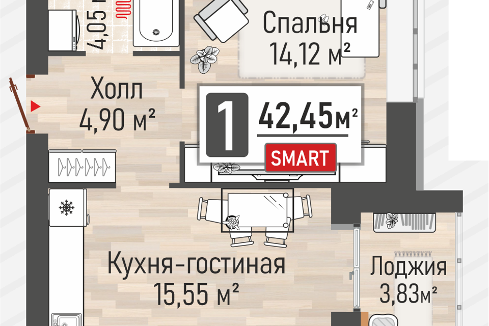 Продаётся 1-комнатная квартира, 40.54 м²