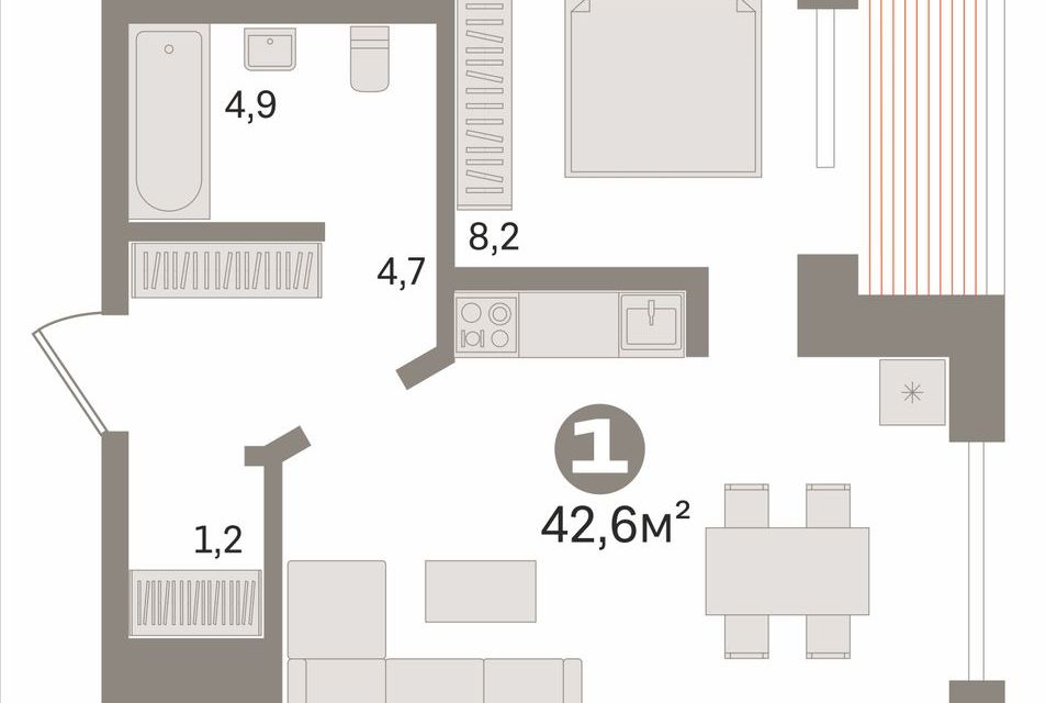 Продаётся 1-комнатная квартира, 42.6 м²