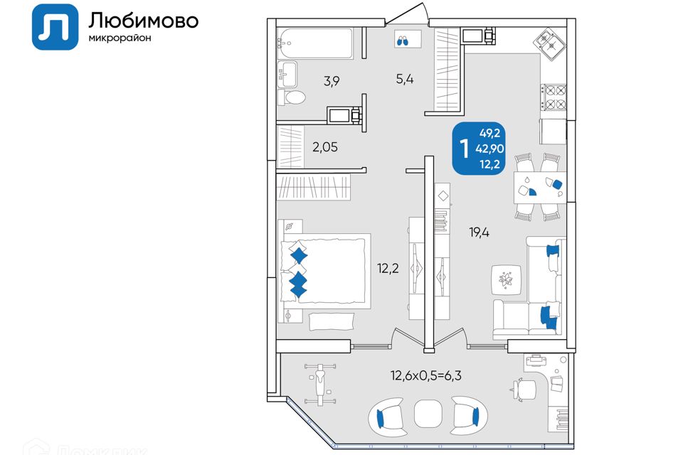Продаётся 1-комнатная квартира, 49.2 м²