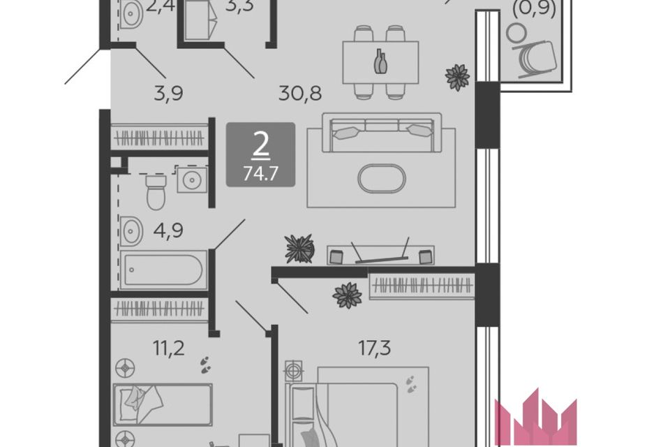 Продаётся 2-комнатная квартира, 74.7 м²