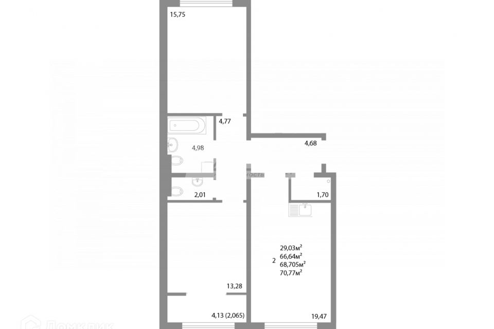 Продаётся 2-комнатная квартира, 68.71 м²