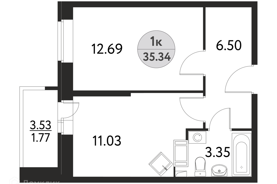 Продаётся 1-комнатная квартира, 35.34 м²