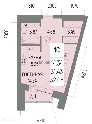 Продаётся 1-комнатная квартира, 32.1 м²