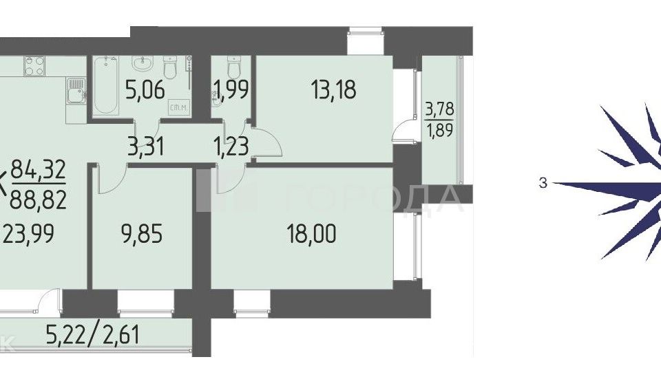 Продаётся 3-комнатная квартира, 88.82 м²