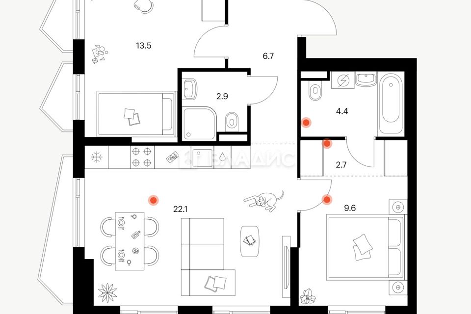 Продаётся 2-комнатная квартира, 61.9 м²