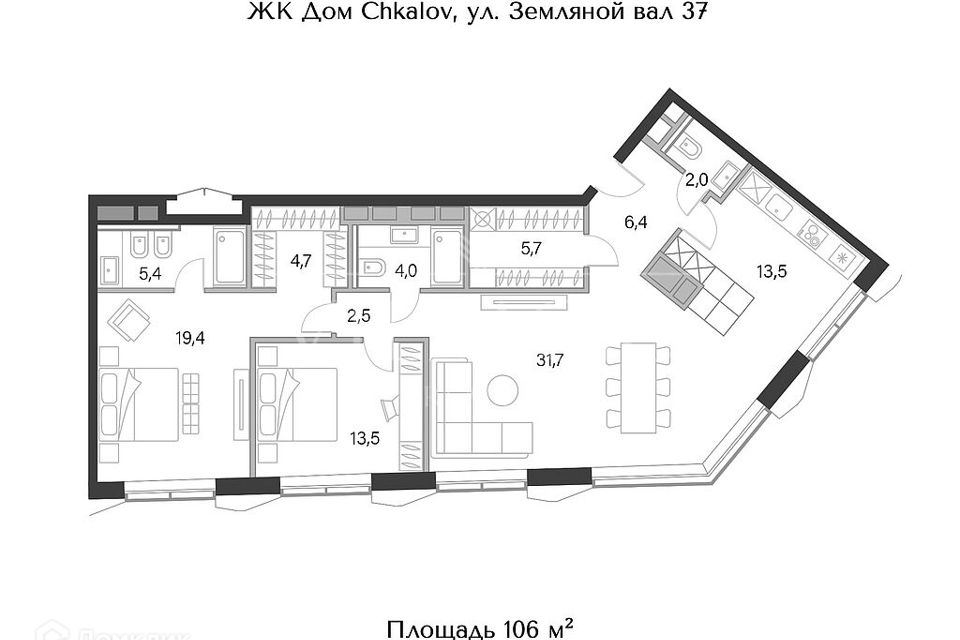 Продаётся 3-комнатная квартира, 106 м²