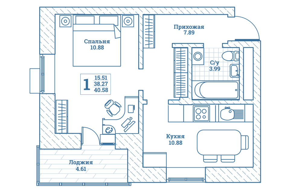 Продаётся 1-комнатная квартира, 40.4 м²