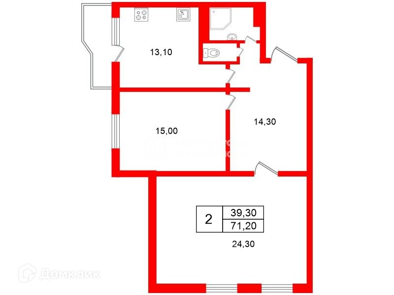Продаётся 2-комнатная квартира, 71.2 м²
