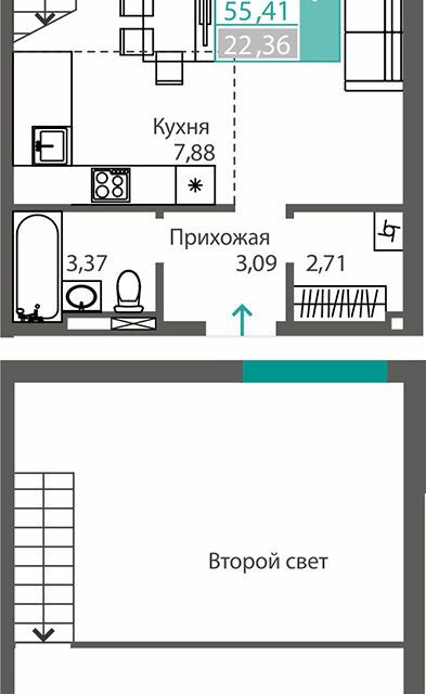 Продаётся 1-комнатная квартира, 55.41 м²