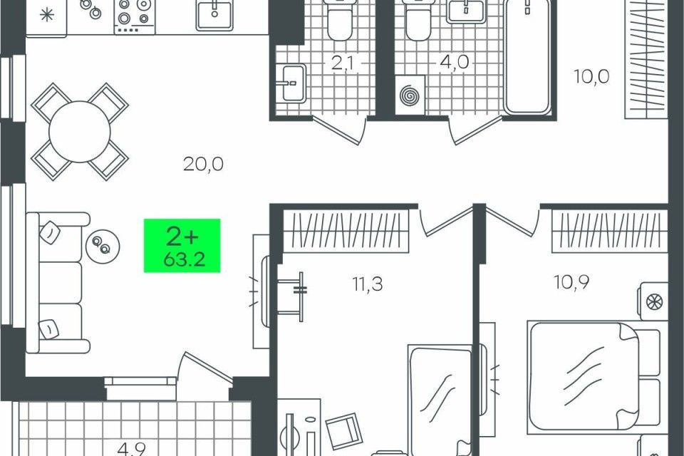 Продаётся 2-комнатная квартира, 63.2 м²