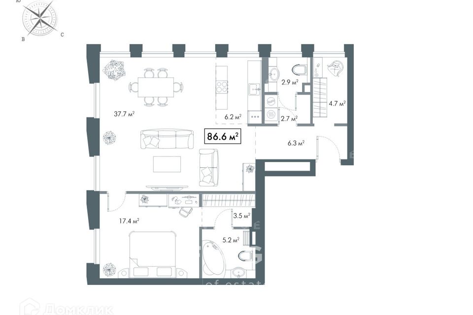 Продаётся 2-комнатная квартира, 86 м²