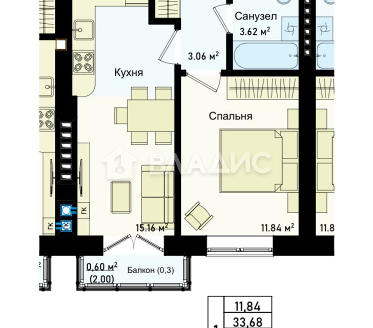 Продаётся 1-комнатная квартира, 35.68 м²