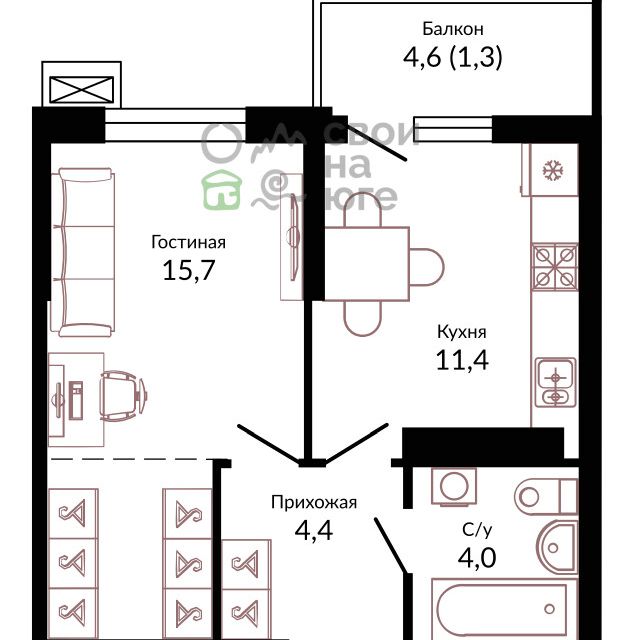Продаётся 1-комнатная квартира, 33 м²