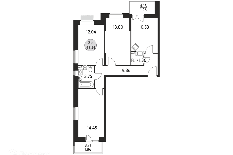 Продаётся 3-комнатная квартира, 68.91 м²