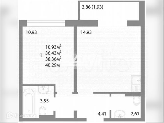 Продаётся 1-комнатная квартира, 40.29 м²