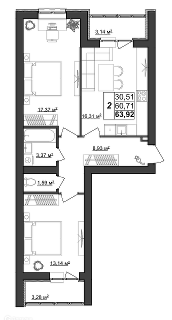 Продаётся 2-комнатная квартира, 63.92 м²