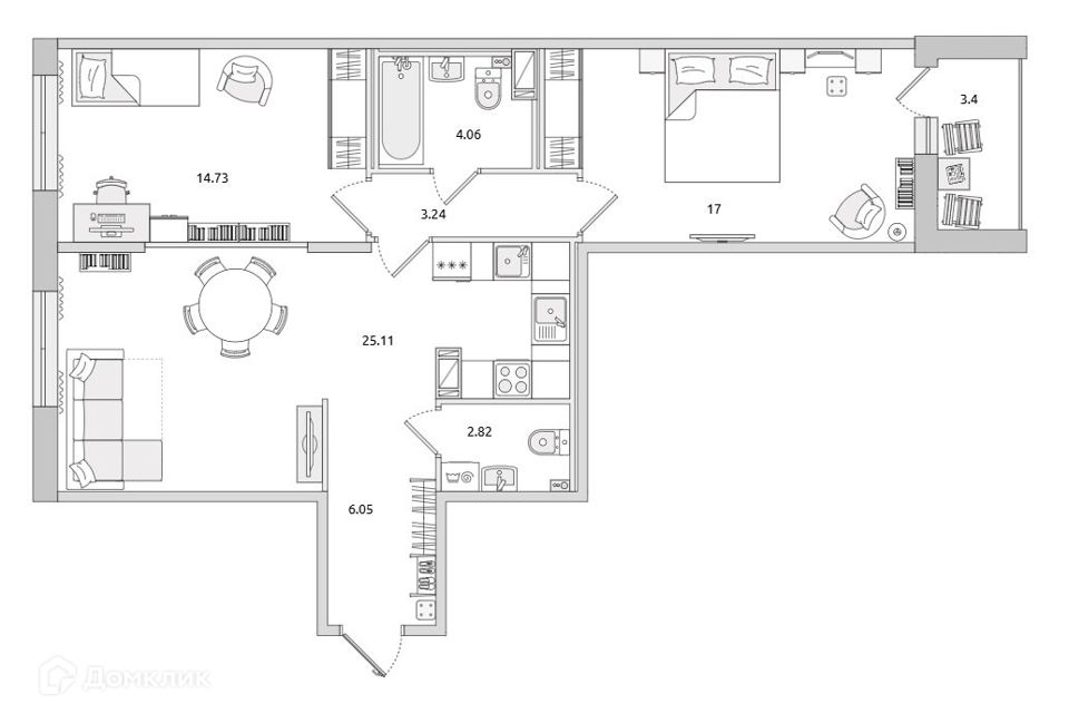 Продаётся 2-комнатная квартира, 73 м²