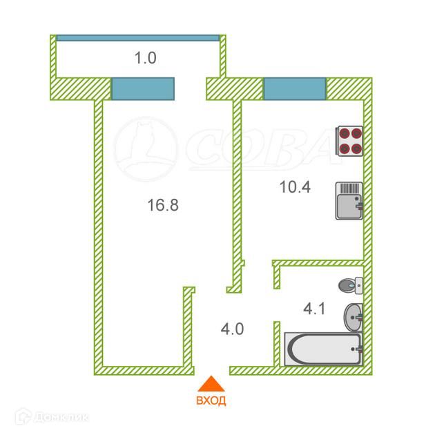 Продаётся 1-комнатная квартира, 39 м²