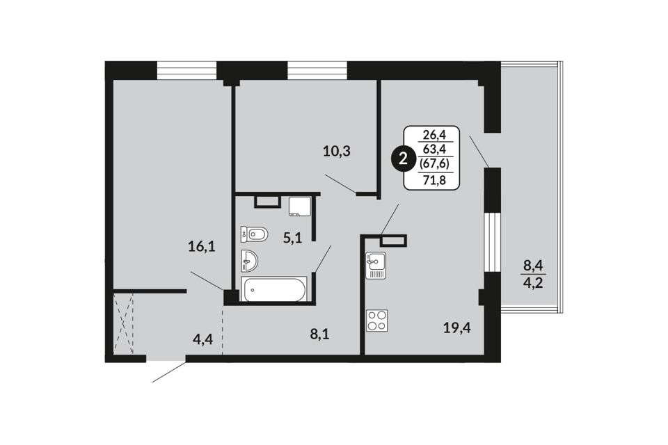 Продаётся 2-комнатная квартира, 67.6 м²