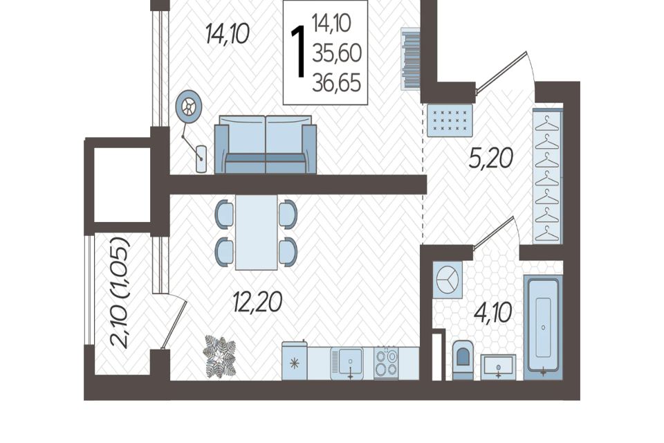 Продаётся 1-комнатная квартира, 37.45 м²