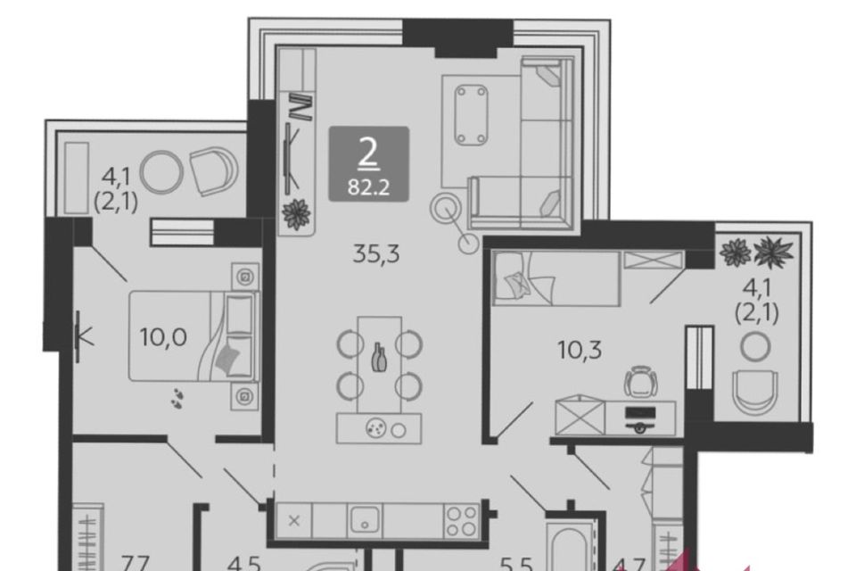 Продаётся 2-комнатная квартира, 82.2 м²