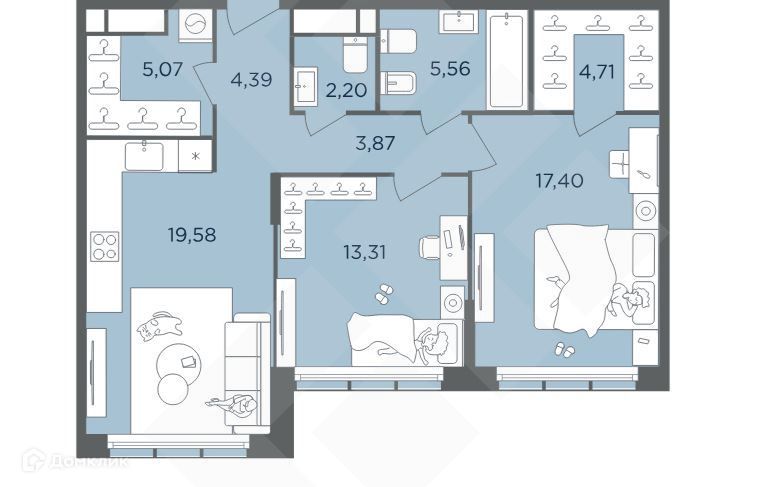 Продаётся 2-комнатная квартира, 74.83 м²