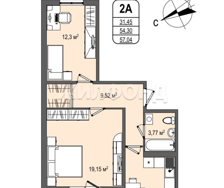 Продаётся 2-комнатная квартира, 57.04 м²