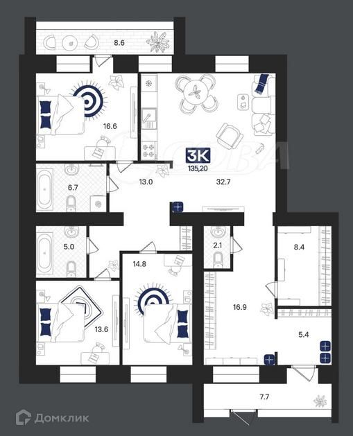 Продаётся 3-комнатная квартира, 135.2 м²