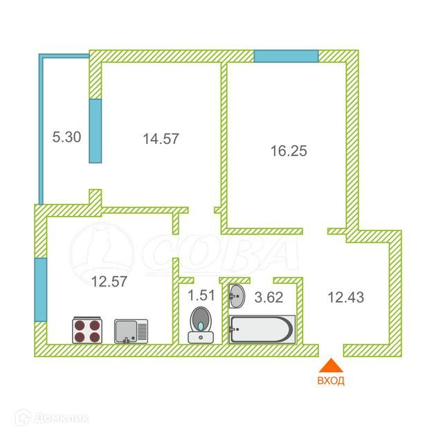Продаётся 2-комнатная квартира, 62 м²