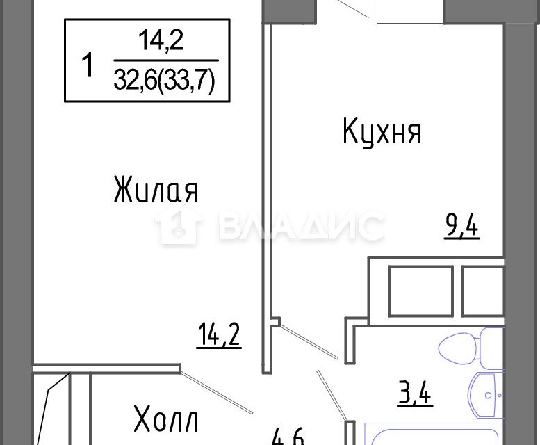 Продаётся 1-комнатная квартира, 32.6 м²