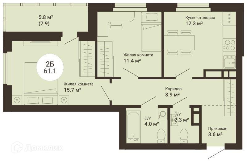 Продаётся 2-комнатная квартира, 61.1 м²
