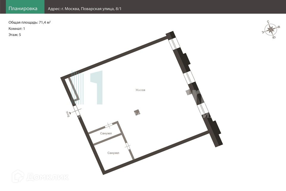 Продаётся 1-комнатная квартира, 71.4 м²