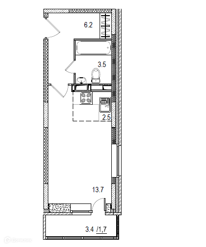 Продаётся 1-комнатная квартира, 29.5 м²