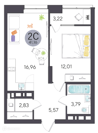 Продаётся 2-комнатная квартира, 41.16 м²