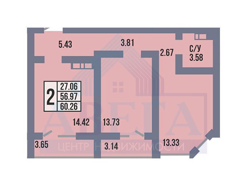 Продаётся 2-комнатная квартира, 60.26 м²