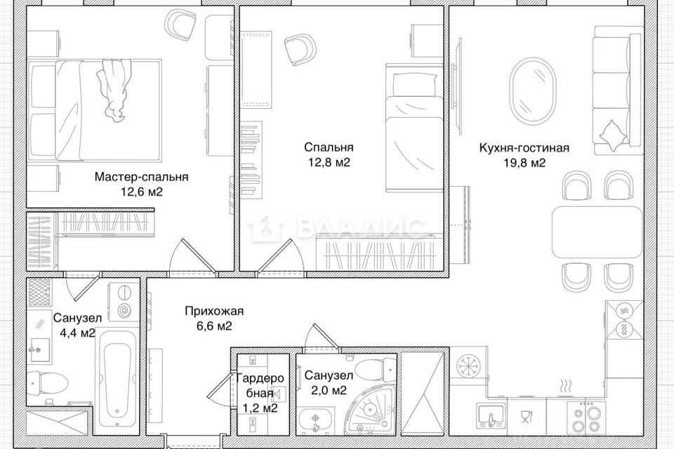 Продаётся 2-комнатная квартира, 59.4 м²