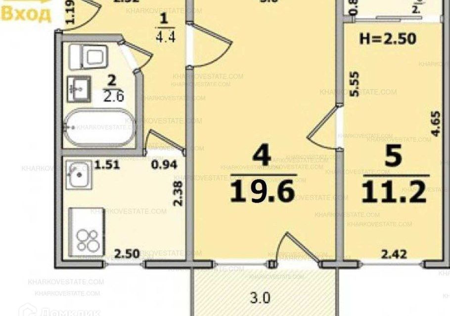 Продаётся 2-комнатная квартира, 45.2 м²