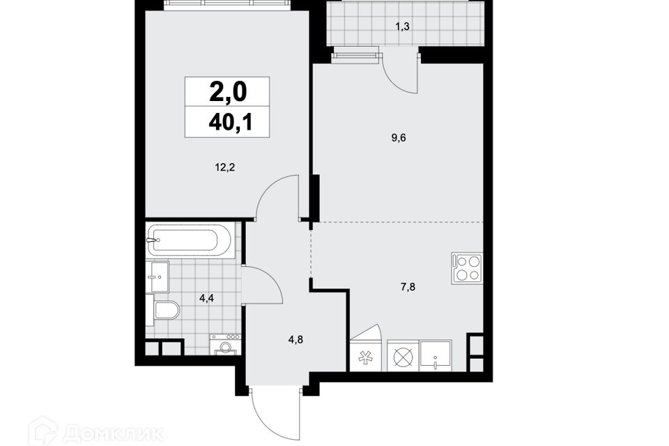 Продаётся 2-комнатная квартира, 40.1 м²