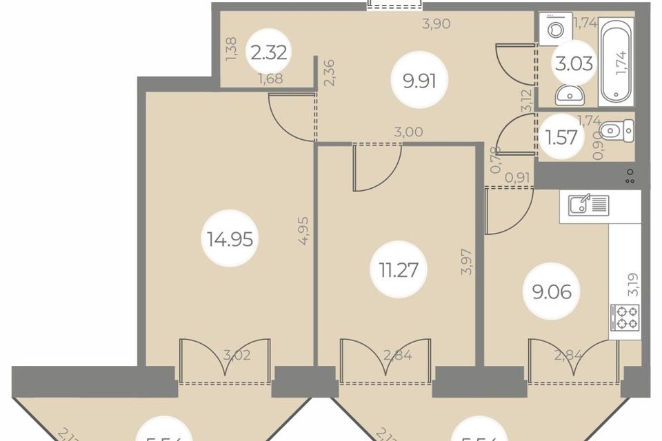 Продаётся 2-комнатная квартира, 55.45 м²