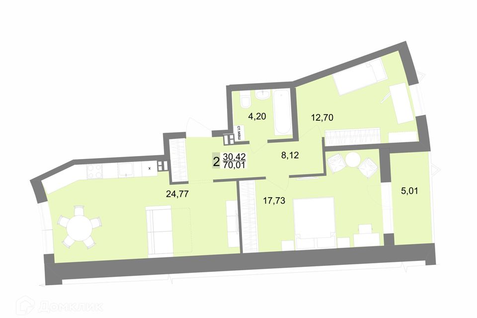Продаётся 2-комнатная квартира, 70.7 м²