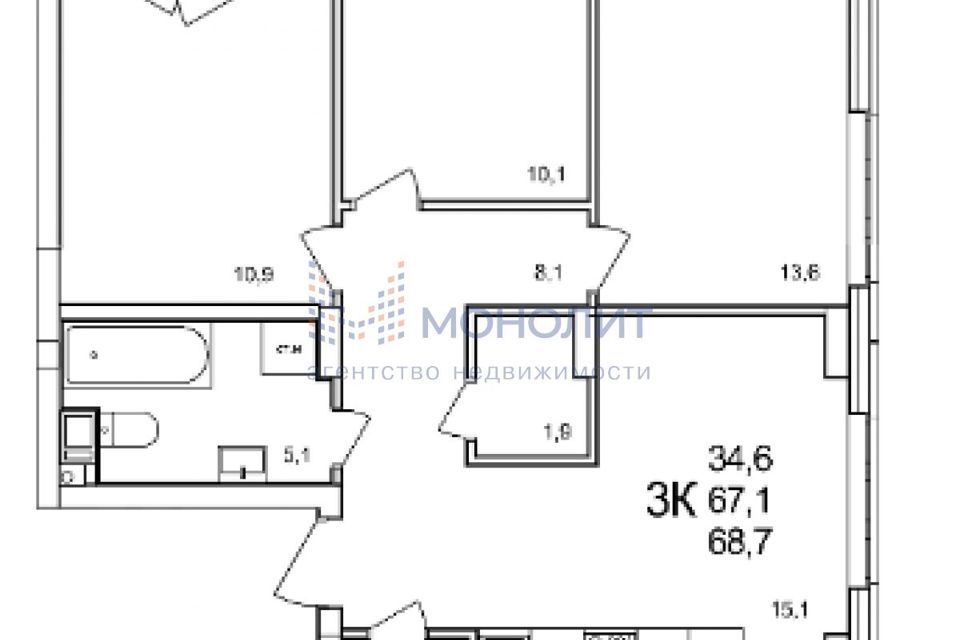 Продаётся 1-комнатная квартира, 68.7 м²