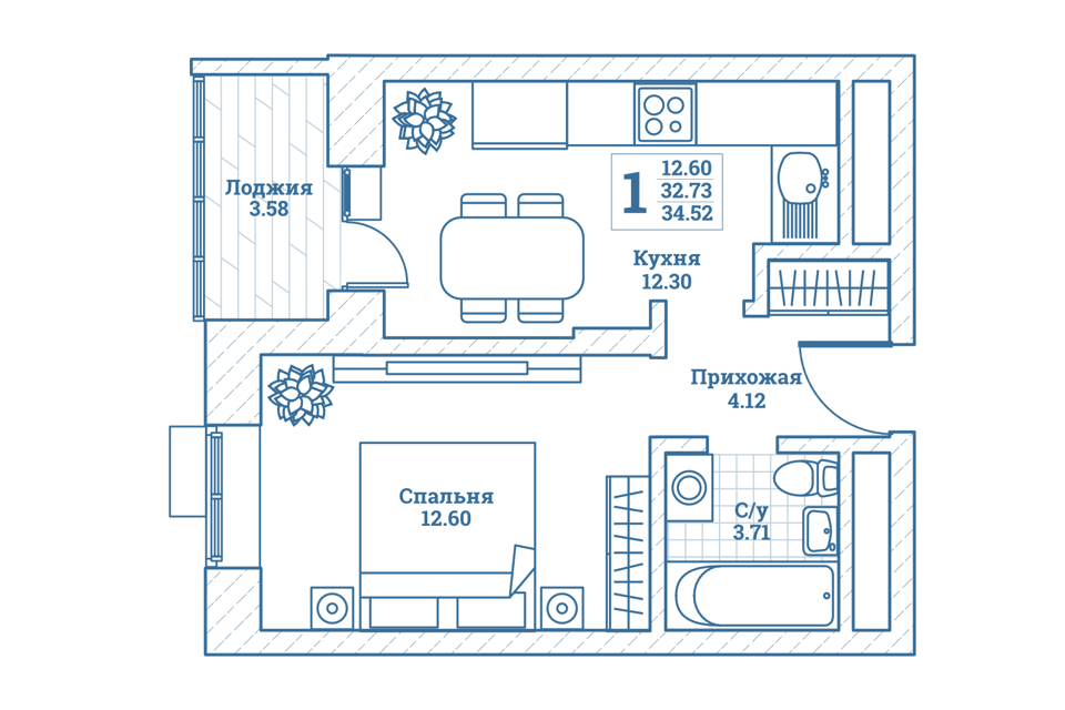Продаётся 1-комнатная квартира, 34.9 м²