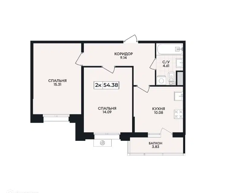 Продаётся 2-комнатная квартира, 54.38 м²
