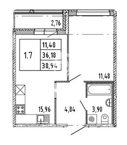 Продаётся 1-комнатная квартира, 36.18 м²