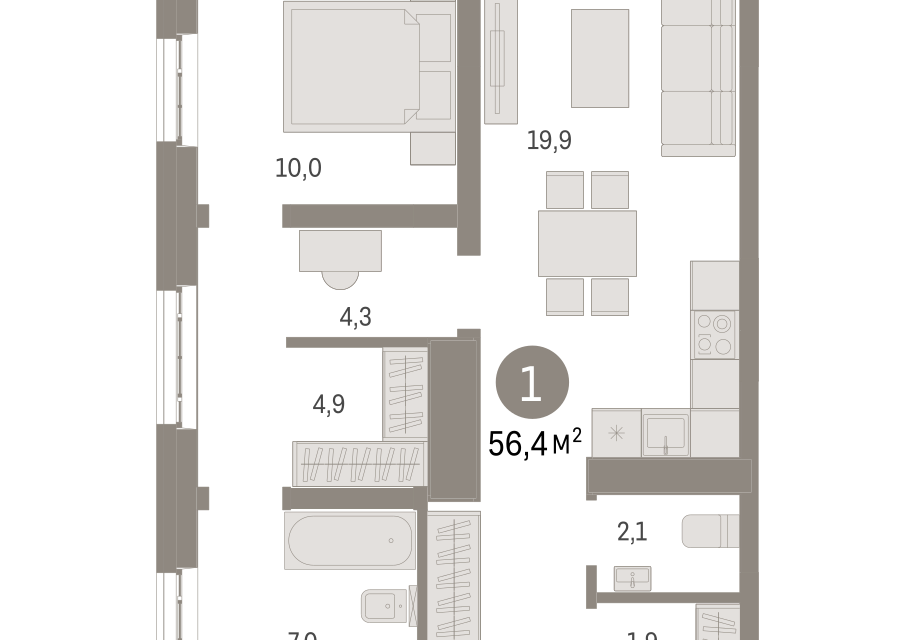 Продаётся 1-комнатная квартира, 56.4 м²