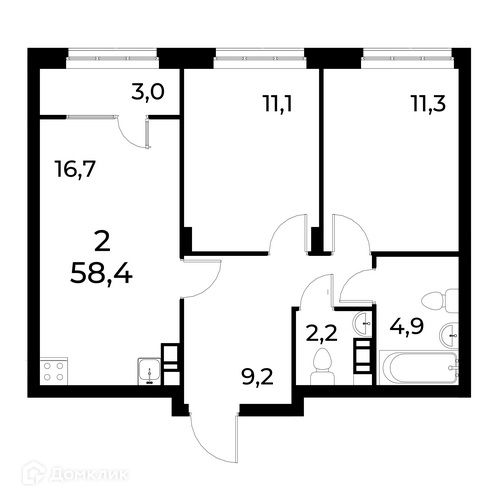 Продаётся 2-комнатная квартира, 58.6 м²