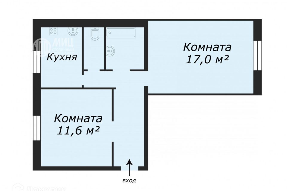 Продаётся 2-комнатная квартира, 46.4 м²