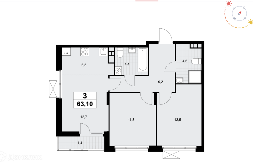 Продаётся 3-комнатная квартира, 63.1 м²