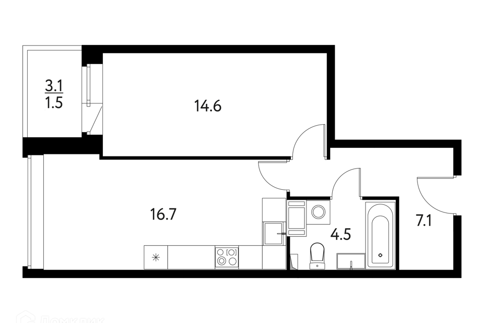 Продаётся 1-комнатная квартира, 44.1 м²