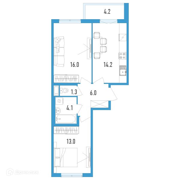 Продаётся 2-комнатная квартира, 56.7 м²